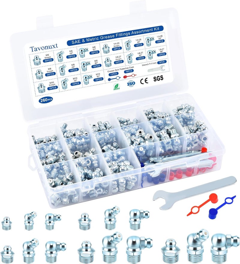 TAVONUXT 260 PCS SAE & Metric Grease Fittings Kit - Hydraulic Zerk Assortment 1/4" 1/8" M6 M8 M10 with Straight, 45°, and 90° Degree Heads for Automotive and Industrial Use, Galvanized Steel Set - Image 1